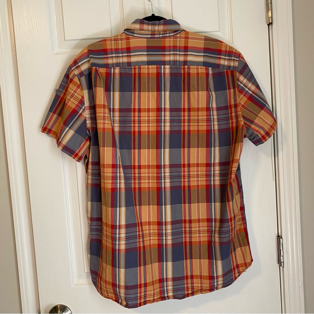 J Crew Short Sleeve Button Down Shirt Mens XL Tan Gray Plaid Preppy Slim Fit - Picture 2 of 8